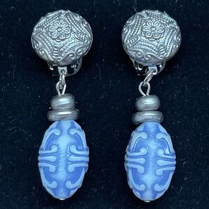 Vintage Matte Silver and Blue Clip On Dangle Earrings